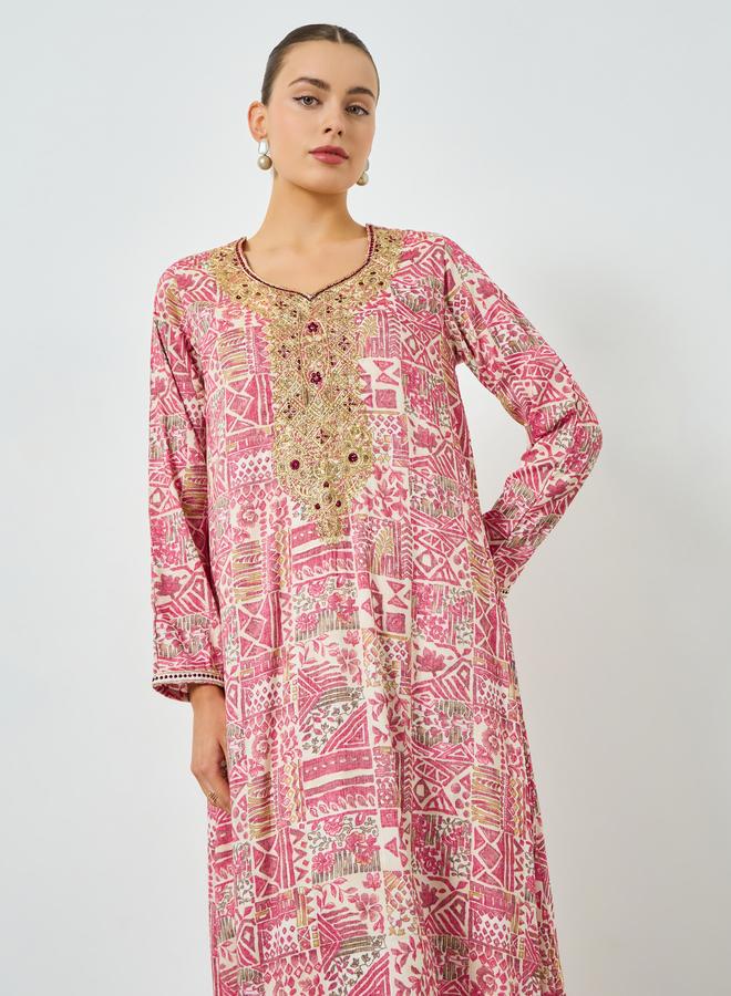 Maxim Creation Pink Printed Embroidered A-Line Jalabiya - Image 2